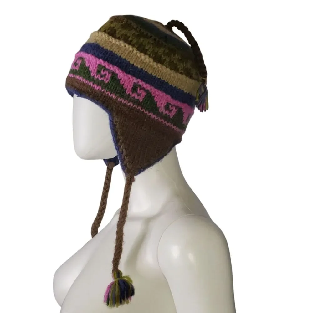 Multicolor Wool Winter Trapper Hat with Braided Tassles Unisex Made In Nepal